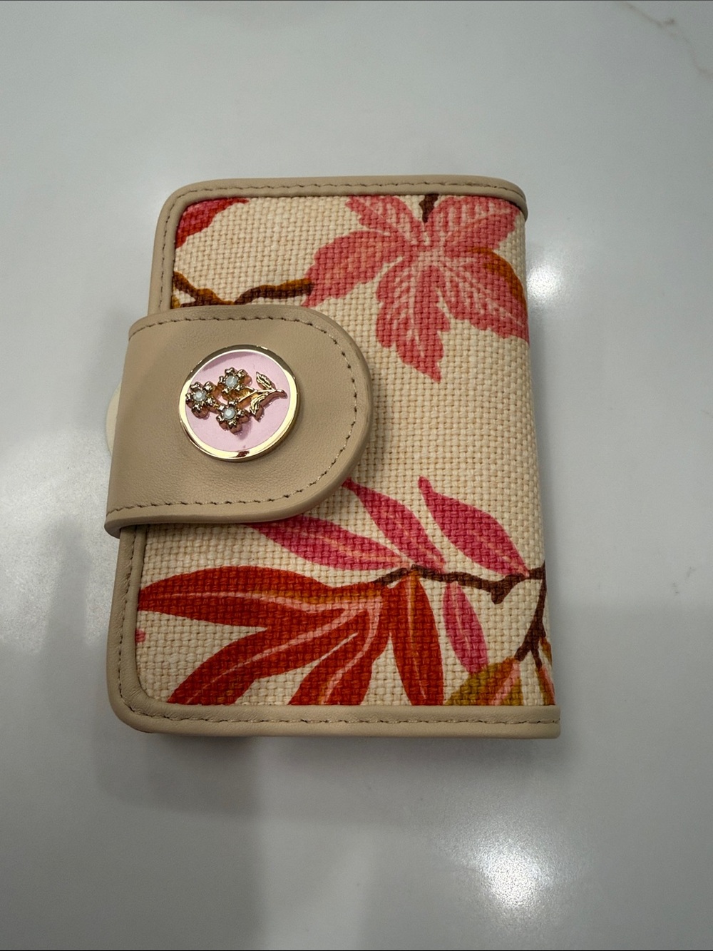 Spartina 449 Beige Floral Canvas Card Wallet with Pink Zip